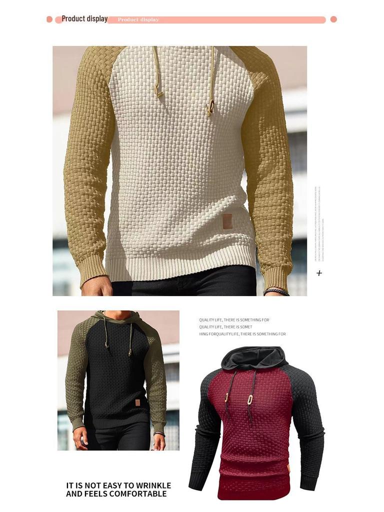 2025 Men's Color Block Plaid Slim Fit Hoodie - Casual Long Sleeve Knit Pullover