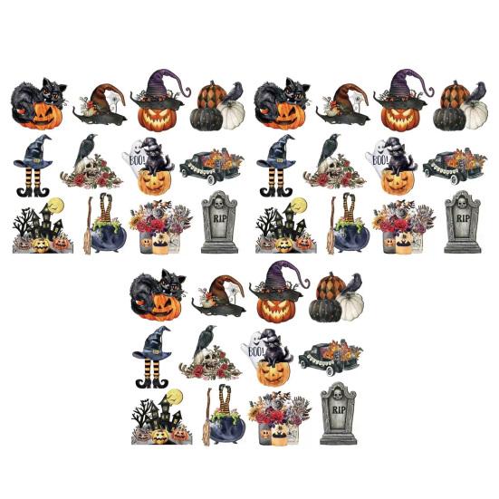 Scary Witch Hat Castle Wall Art 36Pcs Vintage Halloween Wooden Hanging Ornaments, Pumpkin Black Cat Ghost Tree Pendant Ornaments Crow Tags,