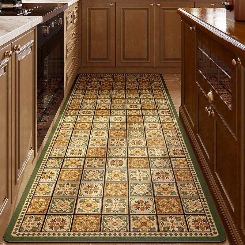 PVC Kitchen Carpet Waterproof Leather Floor Mat Large Non-slip Oil-resistant Carpets Brown Retro American Home Decoration Rug