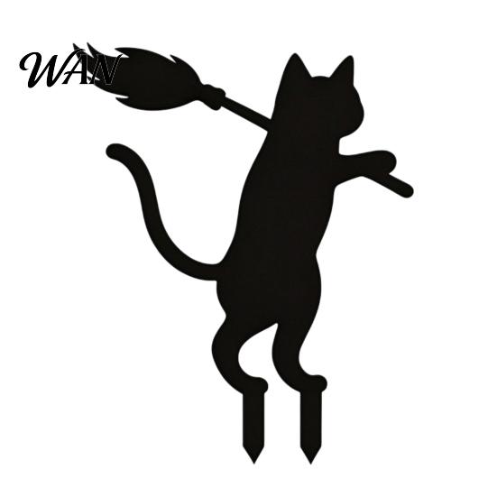 Durable Metal Yard Inserts Halloween Black Cat Stakes, Garden Stake with Pumpkin Lantern and Waterproof Statues Witch Broom, Outdoor Lawn Art