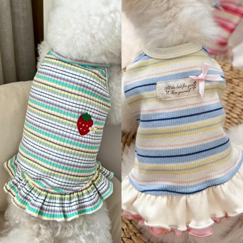 Dog Dress Girls 2 Set Dog Summer Clothes Cooling Skirts Puppy Dresses Striped Strawberry Print Cat Dog Clothing Chihuahua Outfit