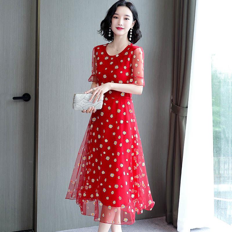 

Women s Slim Fit Floral Print Mesh Dress, Plus Size, Waist Cinching, Tummy Concealing, Summer 2025 M червоний