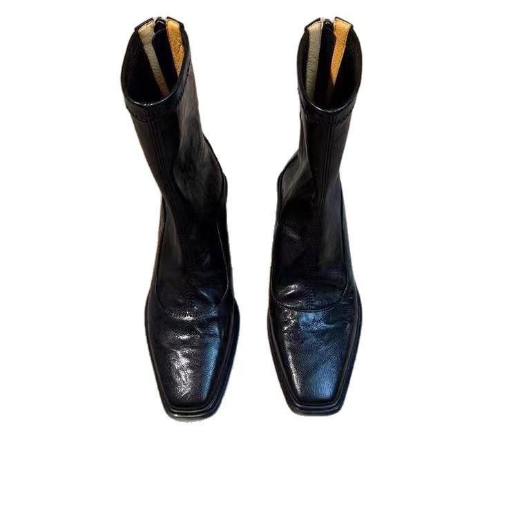 Wedge Heel Thick Sole Heightened Elastic Thin Boots Women's Head Rear Zipper Retro Versatile Short Boots British Martin Boots