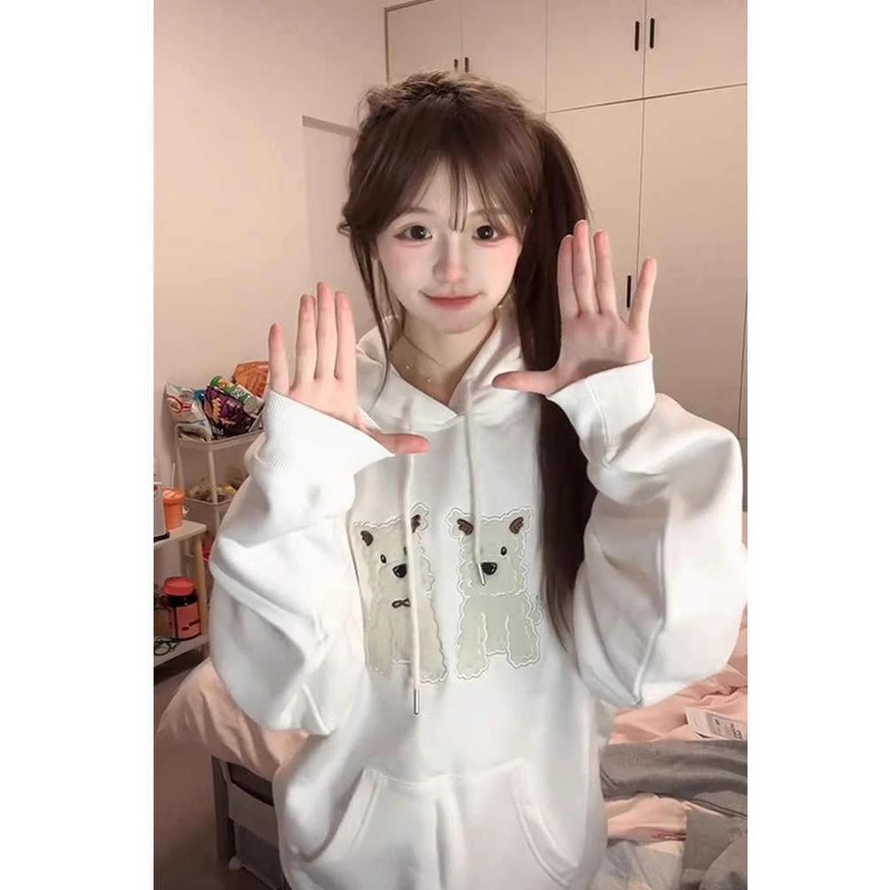 2025 Spring and Autumn Plush Patch Embroidered Hooded Sweater Women's American High Street Loose College Style Casual Jacket