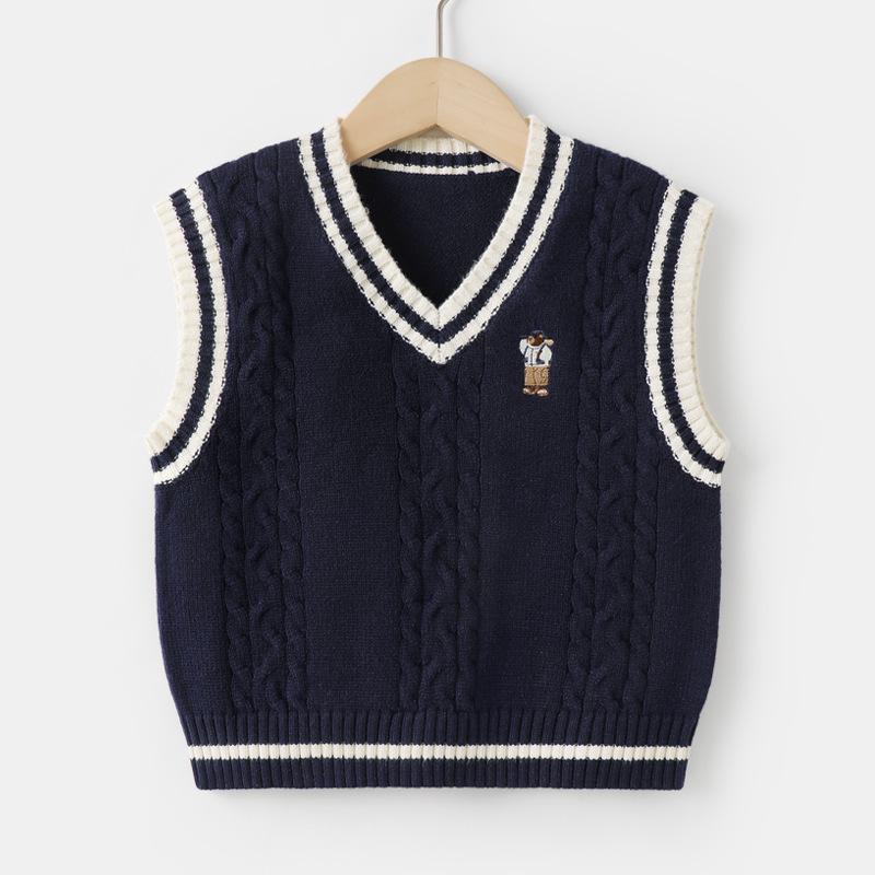 

Мальчиковый преппи вязаный жилет - Весенне-осенний детский свитер-топ 90cm темно-синий