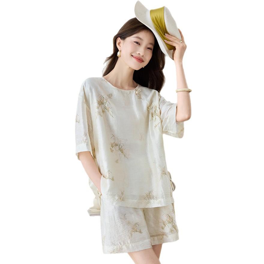 Tencel Shorts Set Women's Summer New Fashion Middle-aged Loose Large Size Two-piece Set