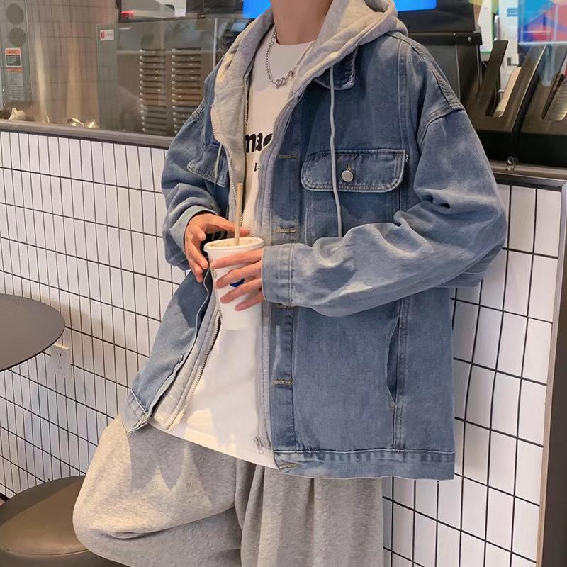 

Denim Jacket Men s Spring and Autumn New Design Fake Two-piece Jacket Loose Casual Hooded Versatile New Style M