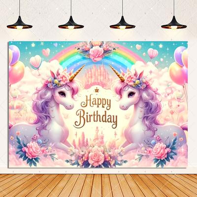 Unicorn Birthday Party Decorations, Rainbow Castle Backdrop, Balloons, Cake, Photo Booth Props, Gift for Children2581
