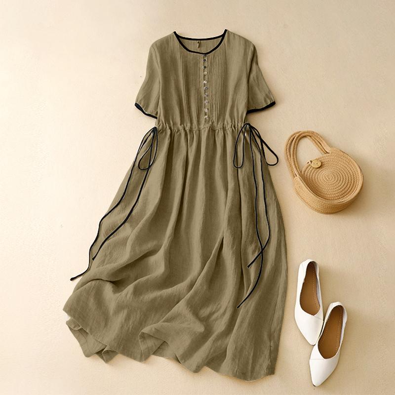 

ZANZEA Женское повседневное платье с круглым вырезом, коротким рукавом, свободного кроя, на кулиске, длинное 5XL хаки