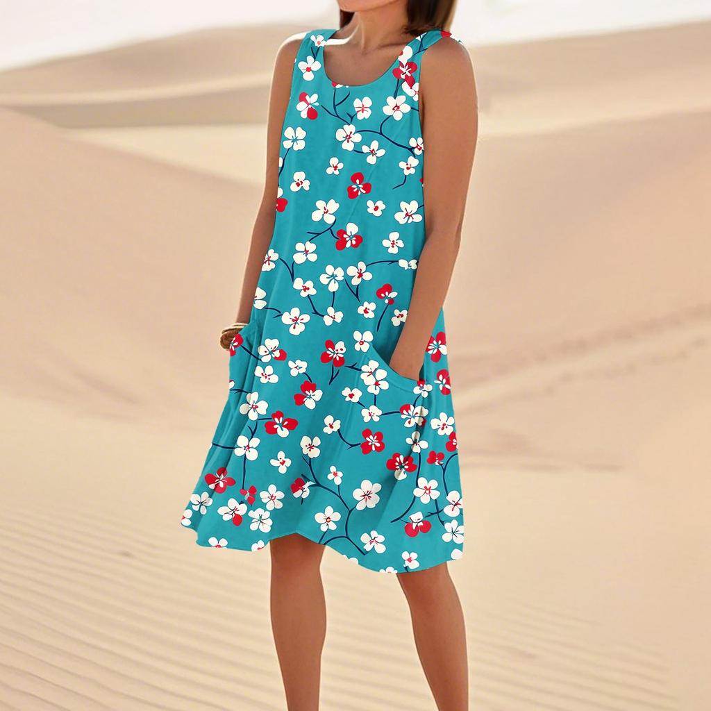 Print Dresses For Women Loose Beach Vacation Casual Sleeveless Sundresses With Pockets Tank Dress