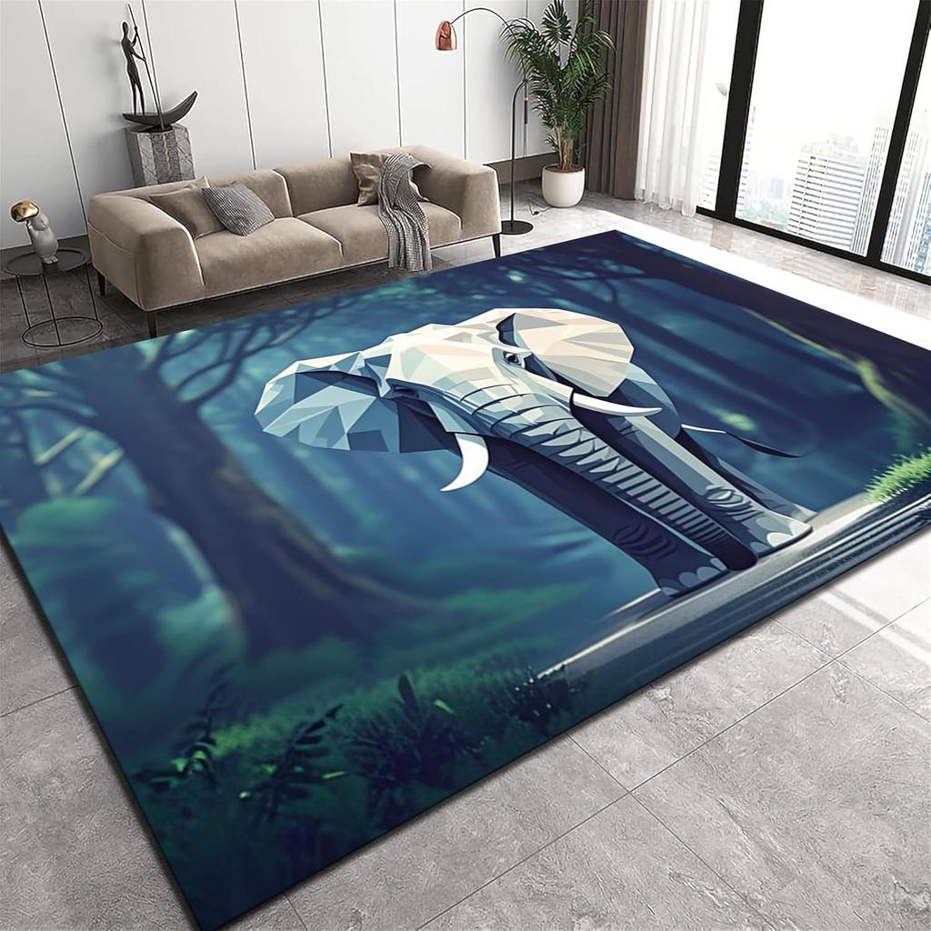 Wild Elephant Print Non-Slip Rug,Washable Durable Indoor Decor,West Country Animal Mat,3D Wildlife Carpets Living Room Bedroom