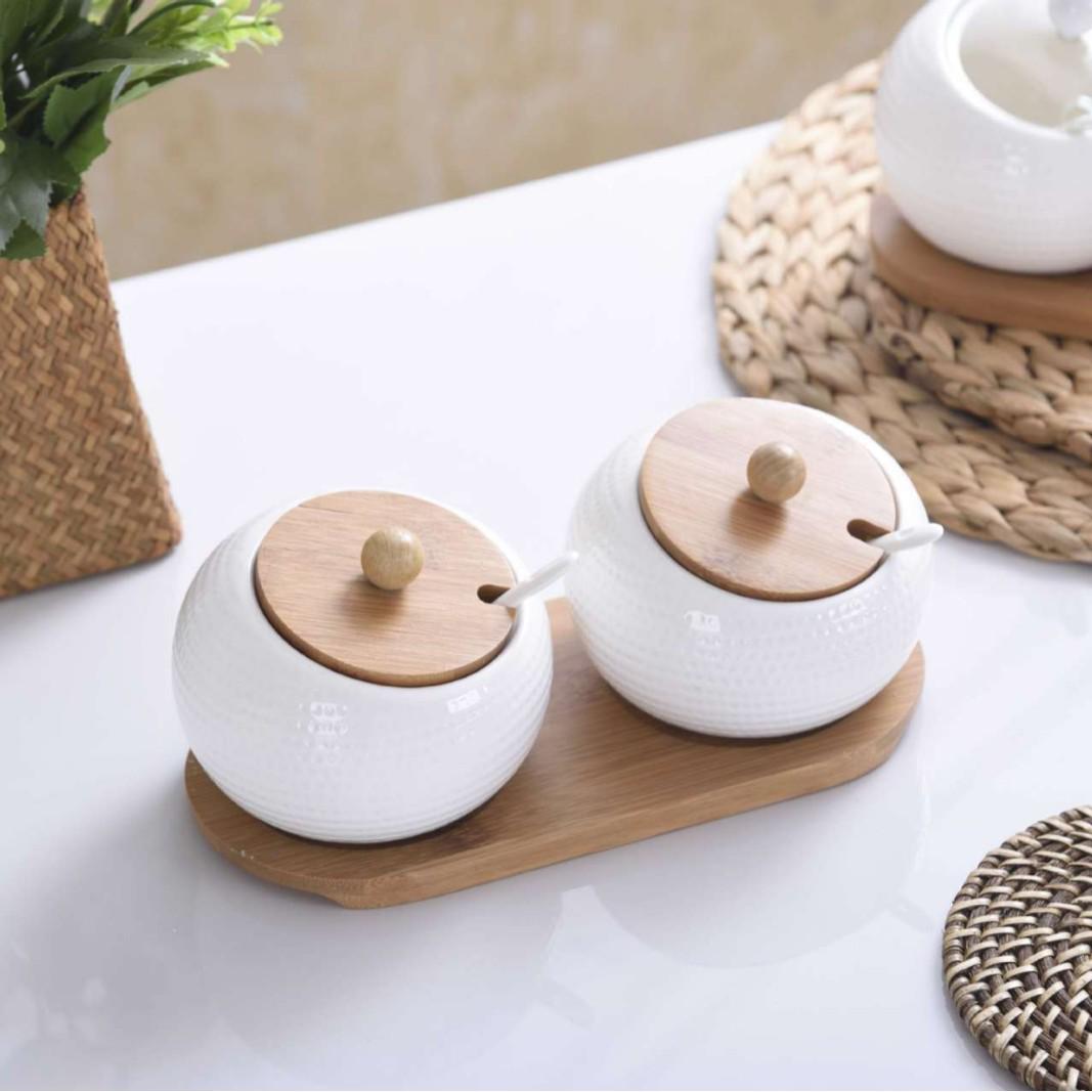 Ceramic Seasoning Jar Set with Bamboo Lids - Golf Design (3-Piece Kitchen Gift)