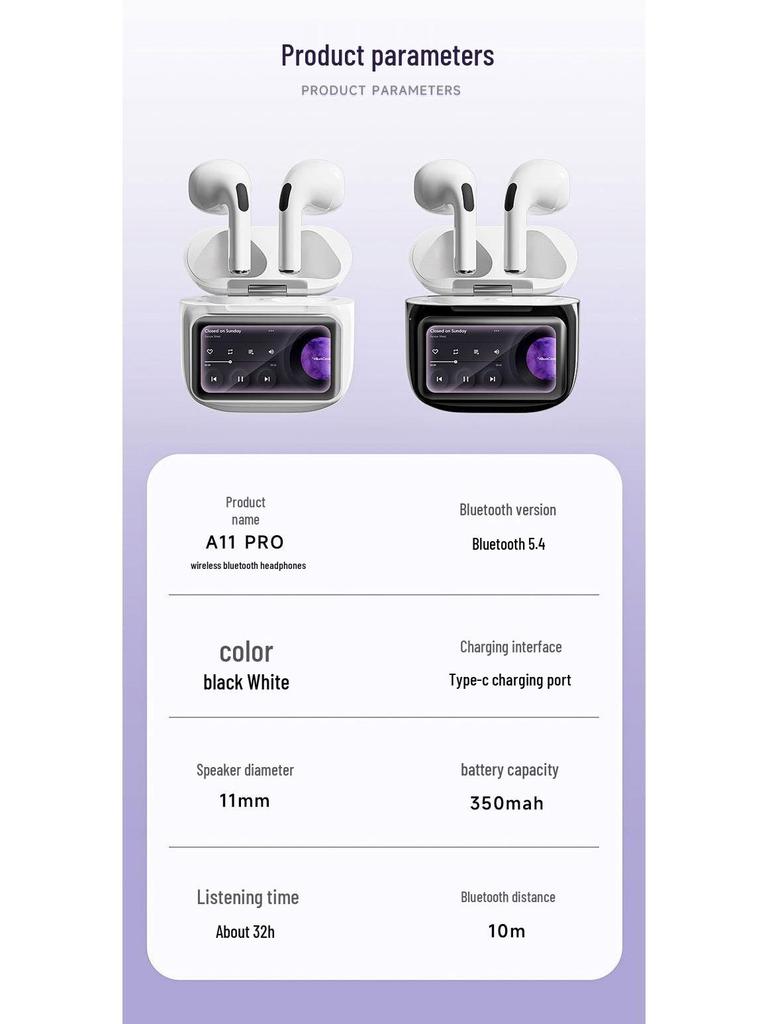 A11PRO Bluetooth TWS Earphones: Smart Touch, Color Screen, Noise Cancelling, Long Battery Life, Wireless, Multifunctional.
