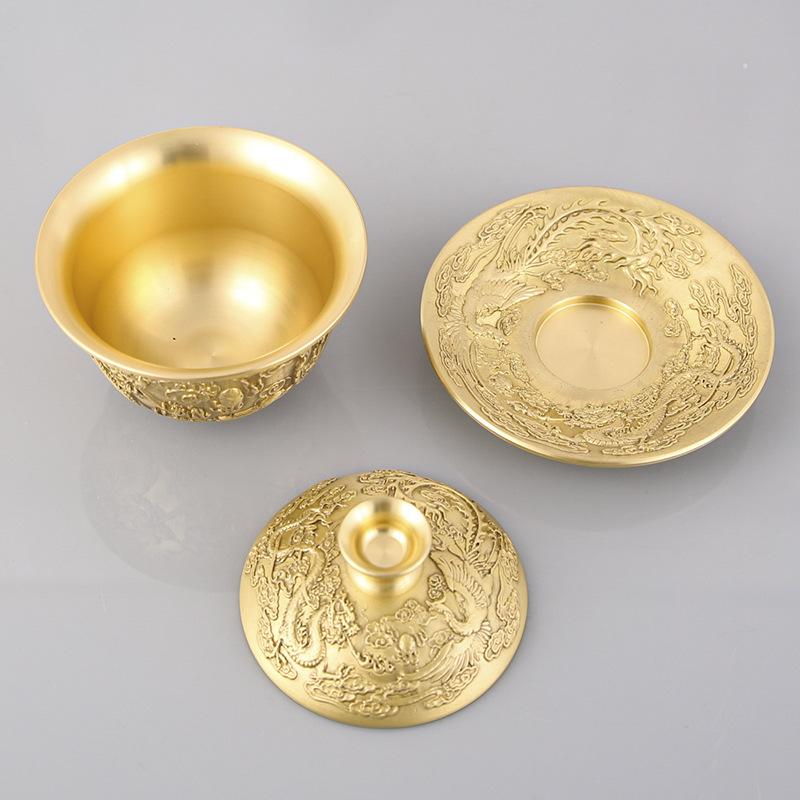 Brass teacup three-piece set, antique collection, copper decoration, dragon and phoenix Chengxiang tea bowl, tea cup living room desktop ornament