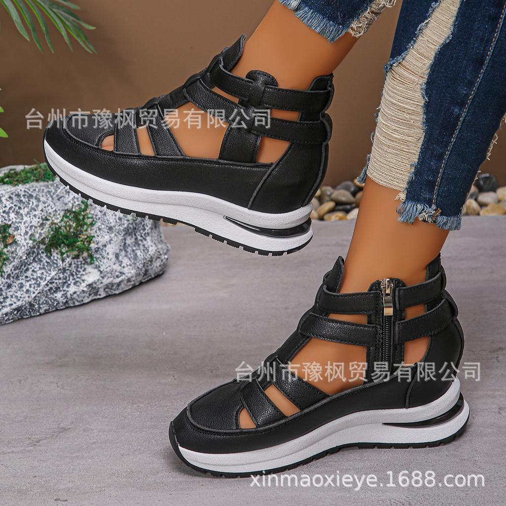 Summer New Slope Heel Sandals Bag Head Hollow Breathable Large Size Muffin Thick Bottom Velcro Size