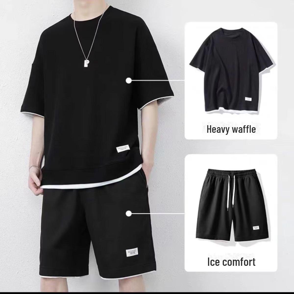 

Men s Summer Ice Silk Waffle Suit Short Sleeve Tops + Shorts Plus Size Handsome Casual Sports Two Piece Set S чёрный