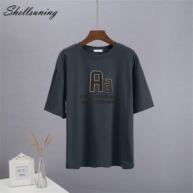 Bavlněná trička Shellsuning Oversized Dámské Léto S krátkým rukávem Trička s 3D potiskem dopisů Dámské Běžné Volné High Street Basic Tops