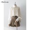 French Style Spring Autumn Women Elegant Blouse Stand Collar Office Lady Sweet Shirt Lantern Sleeve Stylish Feminine Ladies' Blouse