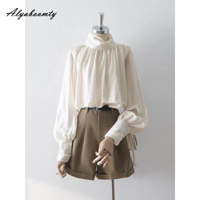 Stile Francese Primavera Autunno Donna Elegante Camicetta Collo Alto Ufficio Signora Dolce Camicia Manica a Lanterna Alla Moda Femminile Camicetta da Donna