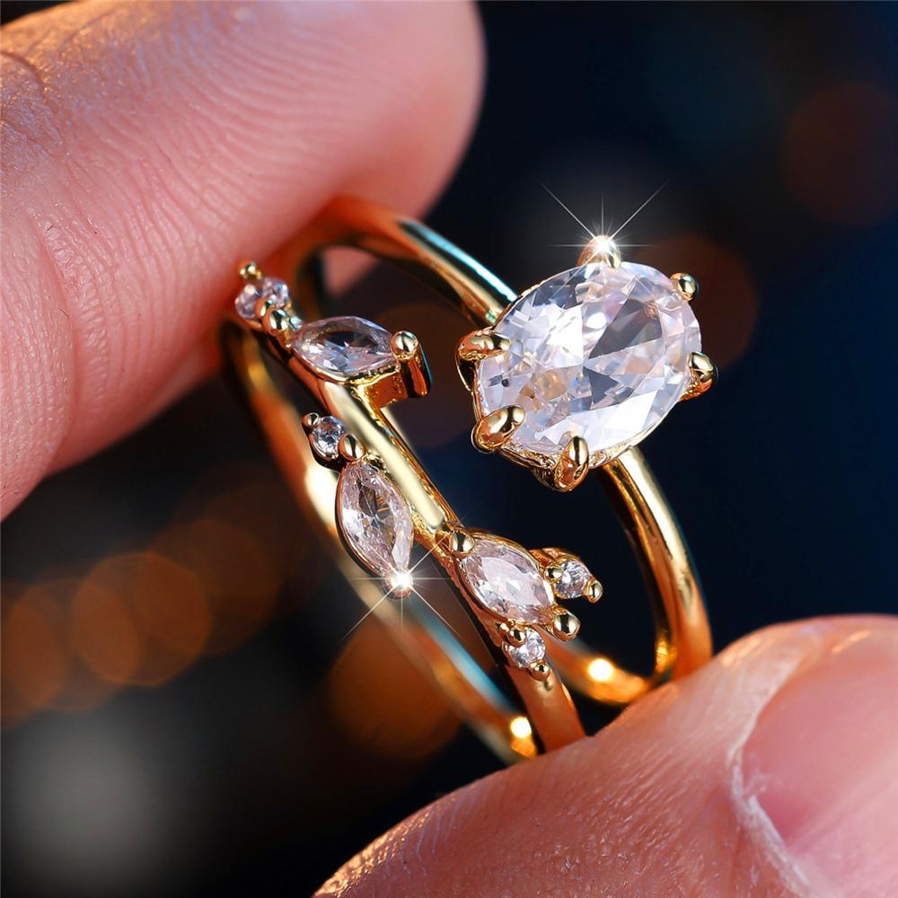 Crystal Female White Zircon Oval Stone Ring Set Fashion Vintage Gold Color Bridal Wedding Engagement  For Women