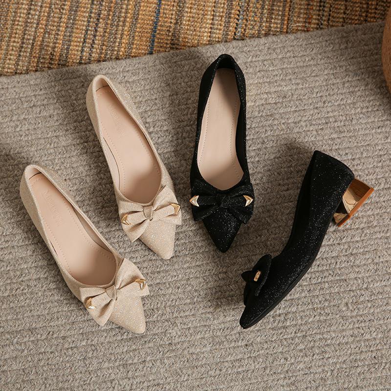 Spring New Evening Shoes French Thick Heel High Heels Pointed Single Shoes Women's Medium Heel Large Size Shoes 40-43 Women's Shoes