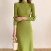 Women's Knitted A-Line Dress Half High Neck Long Sleeve Knee-Length Dress Winter Ribbed Sweater Dress Ladies Office Outfit