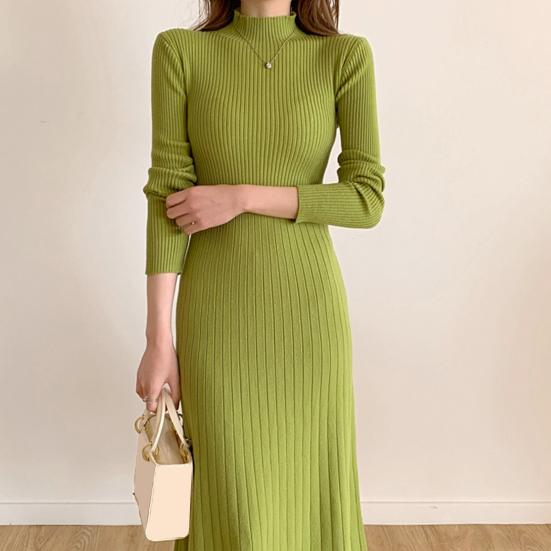 Women's Knitted A-Line Dress Half High Neck Long Sleeve Knee-Length Dress Winter Ribbed Sweater Dress Ladies Office Outfit