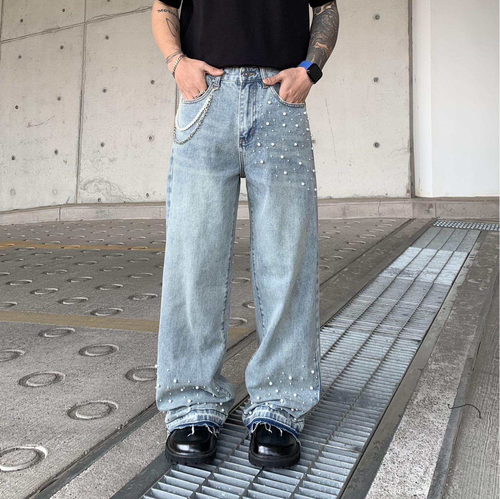 European and American beaded jeans men`s