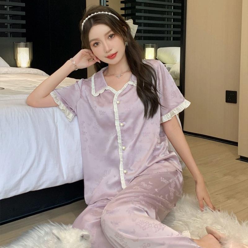 French Purple Jacquard Light Luxury Ice Silk Pajamas Short-Sleeved Trousers Women'S Summer Thin High-End Loungewear