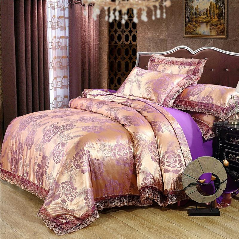European Satin Jacquard Bedding Set - Lace-Trimmed, 4-Piece Set
