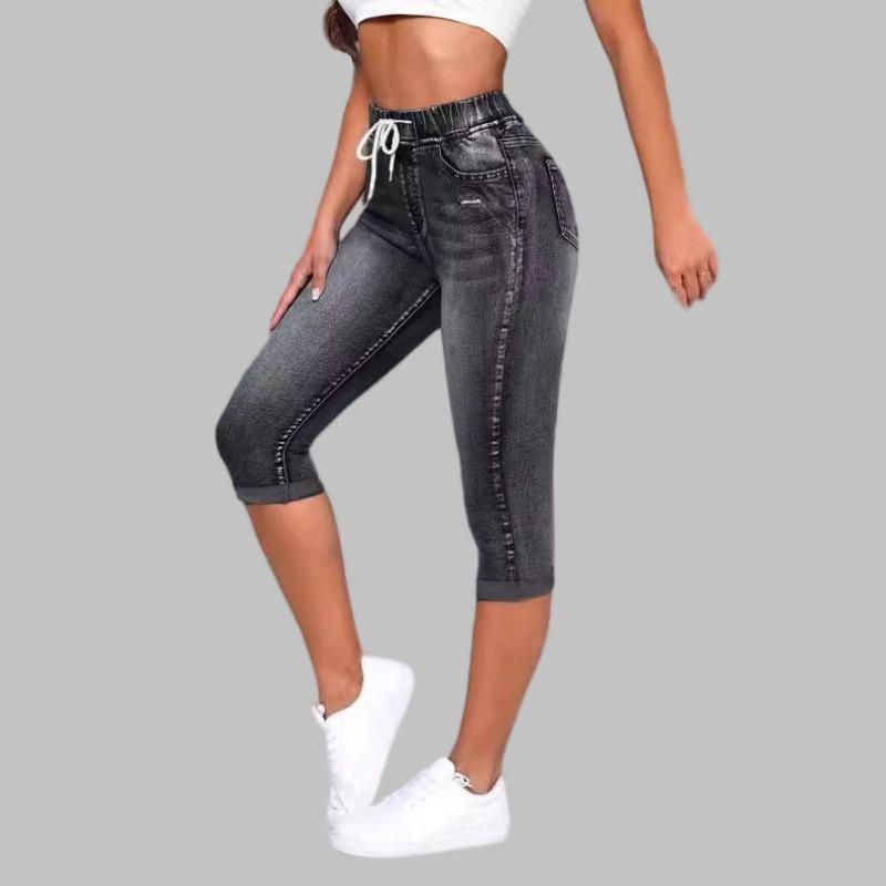 

Женские джинсовые шорты на кулиске с высокой посадкой, стрейч, длиной до колена, с рваными отверстиями S чёрный