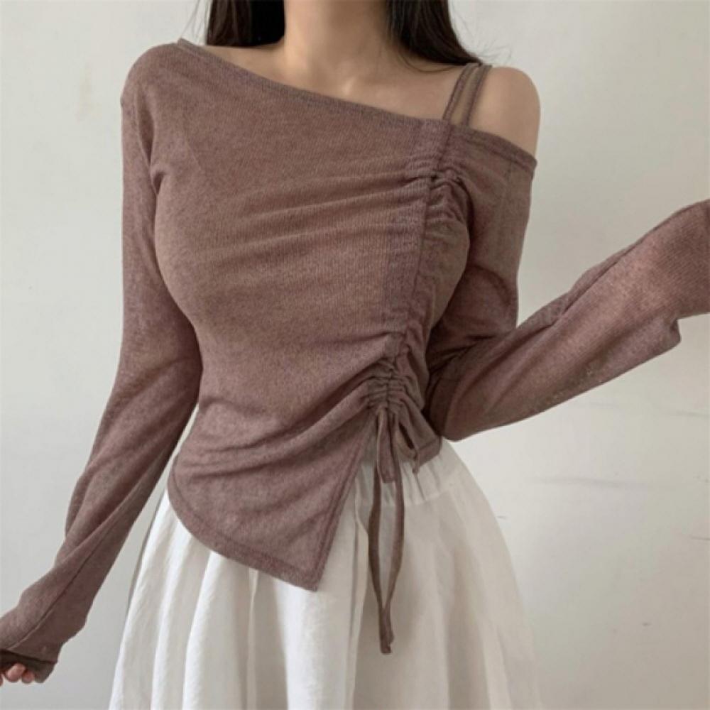 New Arrivals Open Run Women Off Shoulder Long Sleeve T shirT Unbalanced