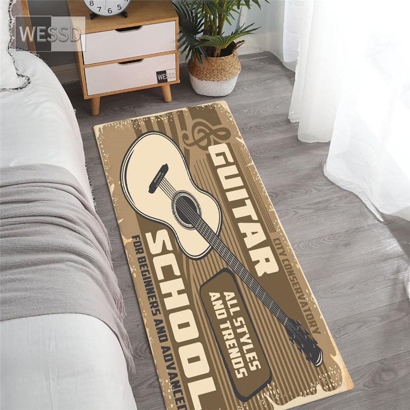 

Музыкальный коврик в стиле ретро для спальни, гитара, фортепиано, барабаны, ленты с принтом, прикроватный коврик, длинный ковер для детской комнаты, мягкий нескользящий моющийся коврик 60x180cm