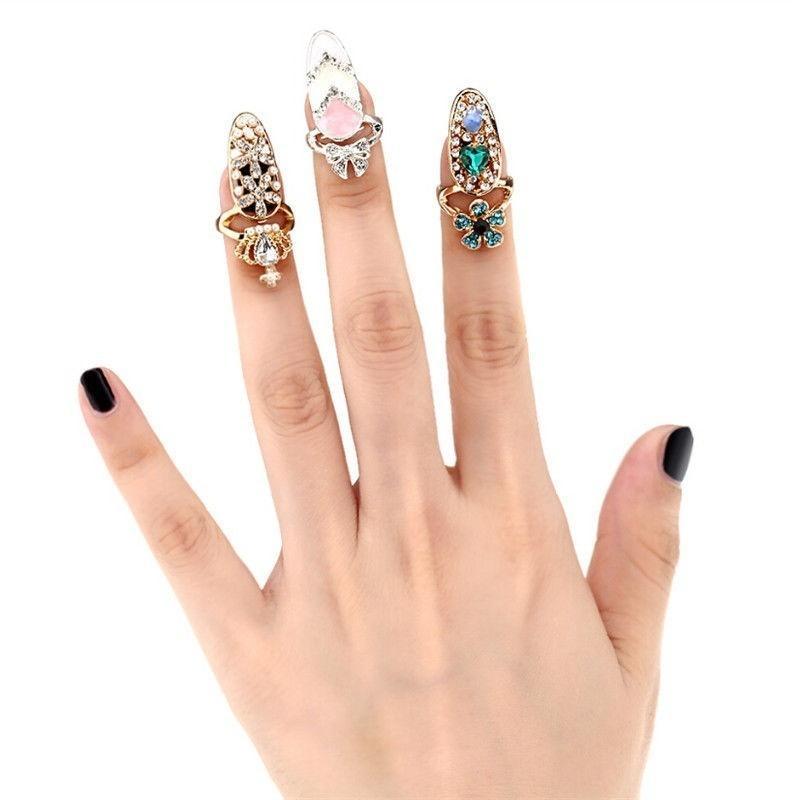 5pcs Women Bowknot Nail Ring Charm Crown Flower Finger Nail Rings
