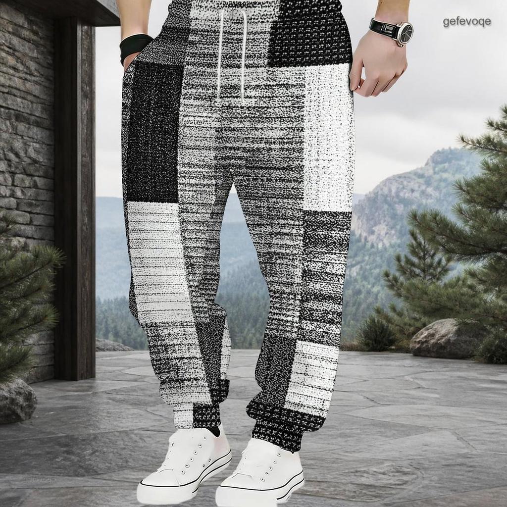 Men Plus Size Patchwork Printed Drawstring Waist Jogger Pants Side Pockets Cuffed Ankle Long Trousers