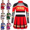 Completo 2 Pezzi per Gara di Cheerleading per Ragazze: Top a Maniche Lunghe in Rete Trasparente Patchwork Color Block con Strass con Gonna Pieghettata per il Palco