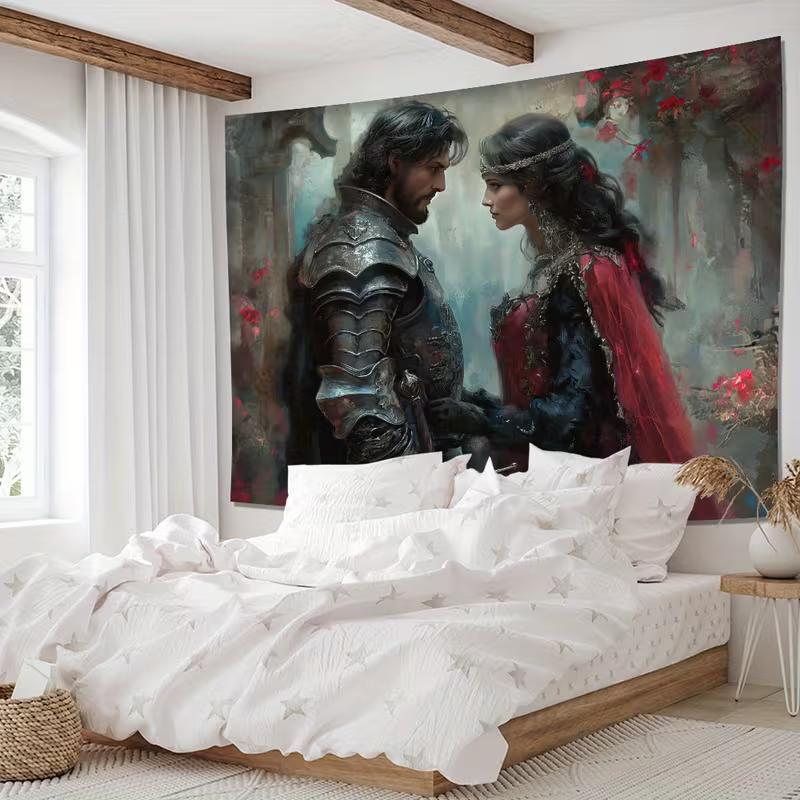 2D Dark Fantasy Knight and Lady Love Tapestry Medieval Gothic Art Wall Decor Cloth for Home & Bedroom