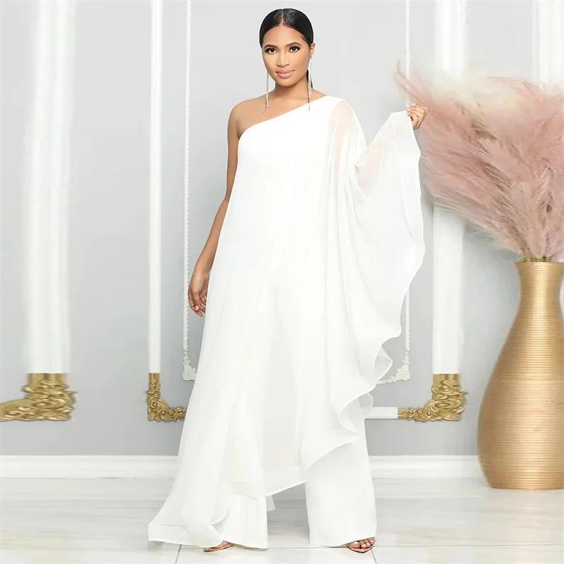 Elegante Chiffon One Shoulder Wijde Pijp Jumpsuit Dames Club Party Verjaardagsoutfits Eendelige Rompers Overalls Combinaison Femme