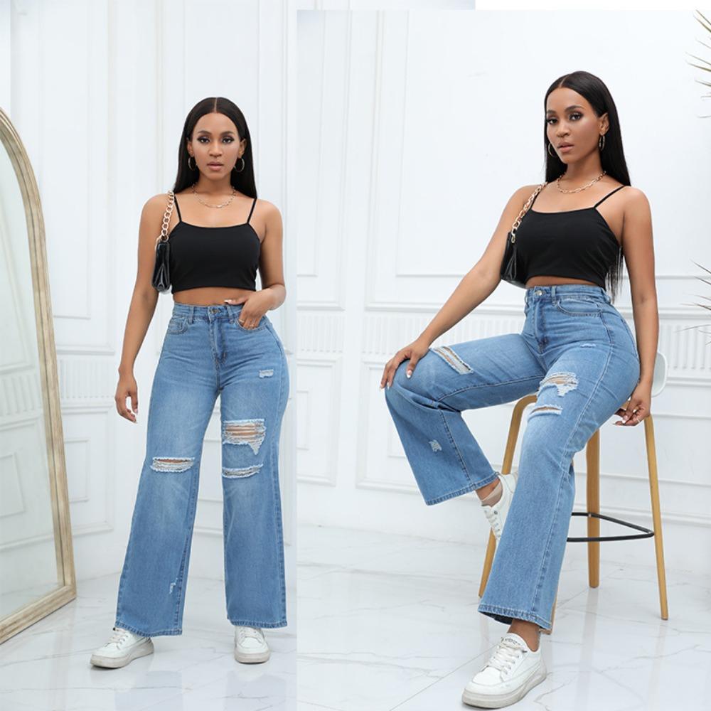 Women's Mid Rise Ripped Wide Leg Flare Jeans Loose Fit Denim Pants Urban Commuter Casual Trousers