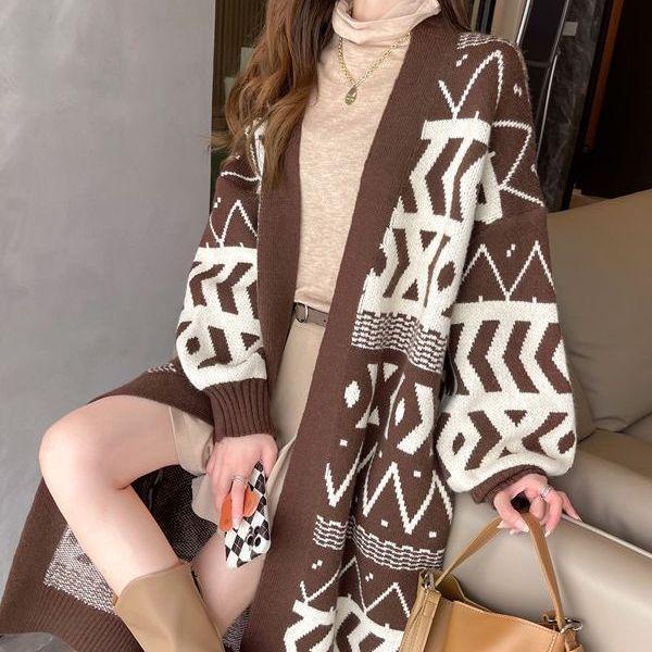 Autumn and Winter New Korean Knitted Sweater Cardigan Sweater Women's Knee Over Loose Long Sweater