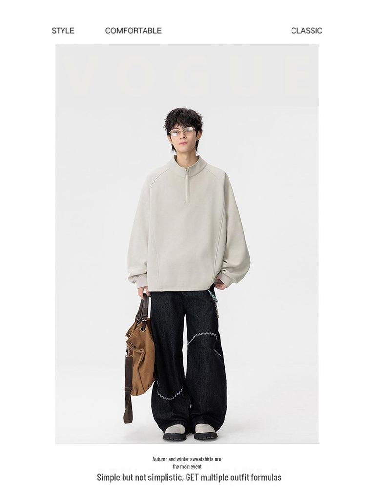 Men's Plus Size Heavyweight Fleece Half-Zip Hoodie - Casual Loose Long Sleeve for Spring, Autumn, Winter