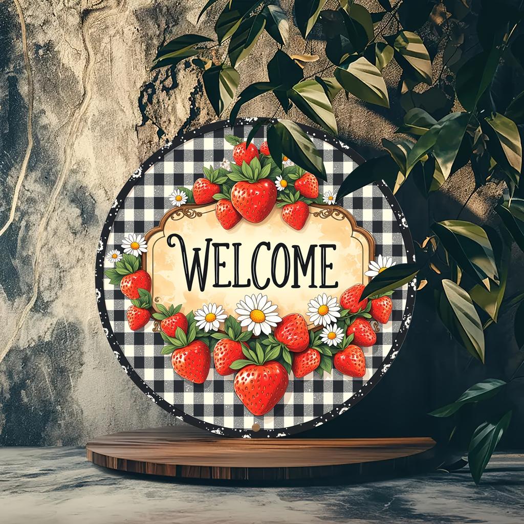 Hisun Tin Sign HD Aluminum Metal Sign Welcome Strawberry Daisy Round Wall Decor Retro Buffalo Plaid Fruit Floral Design Tin Poster for Home G