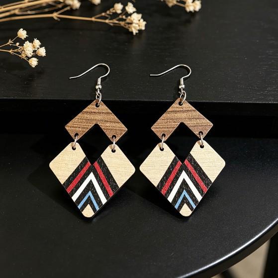 European Retro Diamond Patchwork Two-Tone Wooden Ethnic Earrings