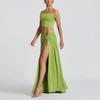 2025 Stylish European & American Women's One-Shoulder Crop Top and Slim-Fit Side Split Skirt Set