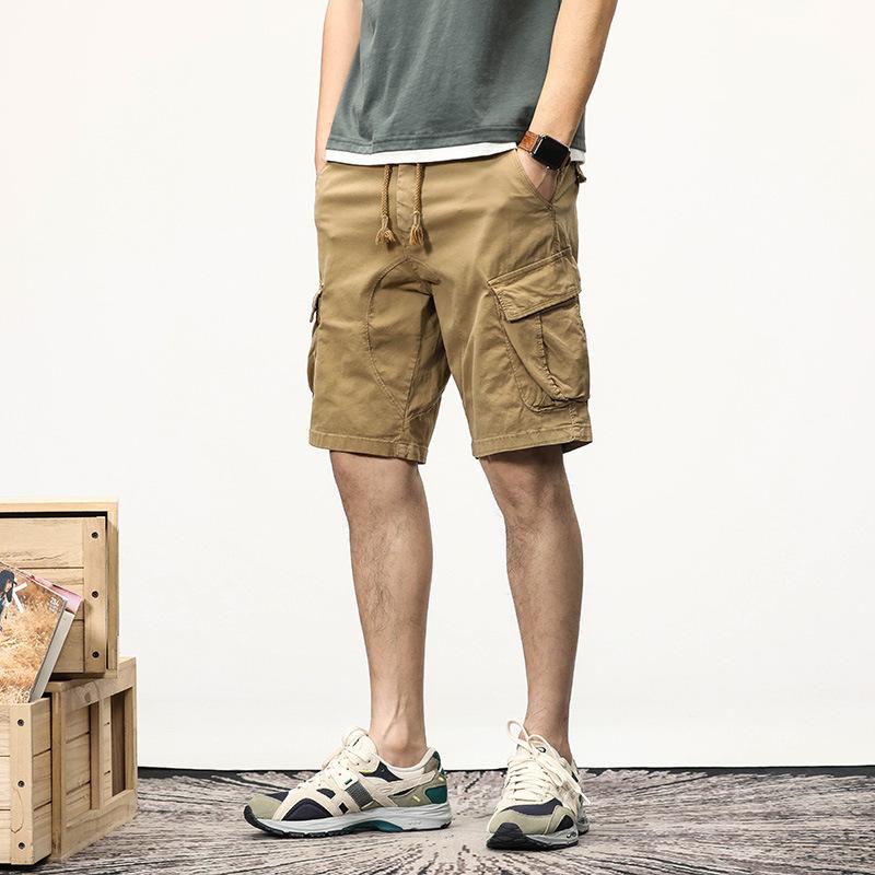 Men s Khaki Elastic Waist Drawstring Multi Pocket Cargo Shorts 28 хаки