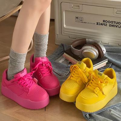 Spring and Summer New Orange Yellow Platform Casual Lace-up Board Shoes Women's College Style Round Head Versatile Height-increasing Shoes