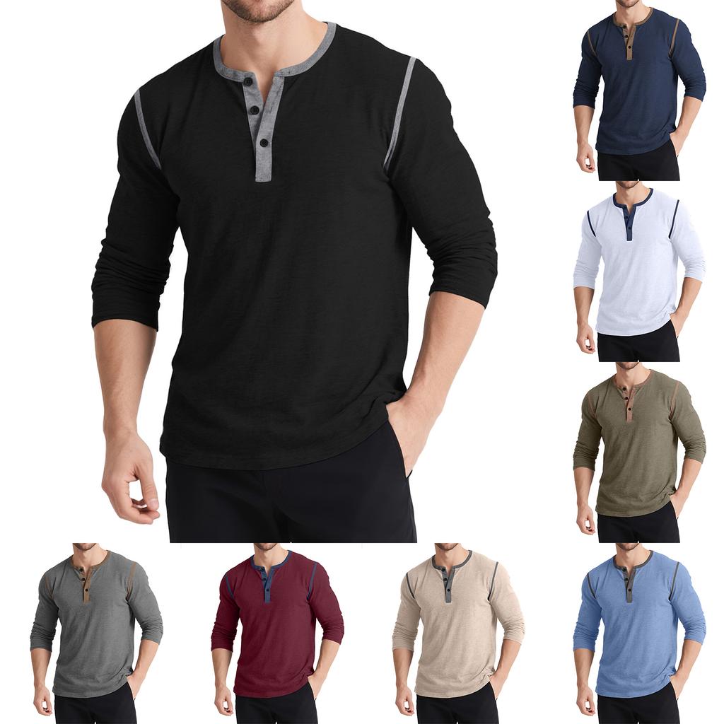 Men's Casual Long Sleeved Retro T-shirt With Three Buttons And Color Blocking Shirt