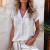Women's V Neck Half Button Short Sleeve Pocket Loose Fit Solid Color Casual Blouse Summer Daily Basic Shirt