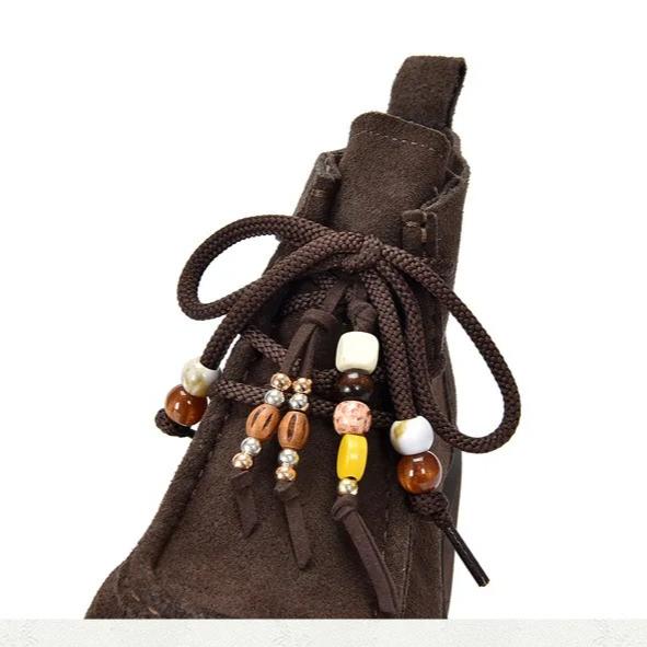 Johnature Thick Soled Handmade Beaded Round Toe Genuine Leather Short Boots Women's Lace-up Ankle Boots