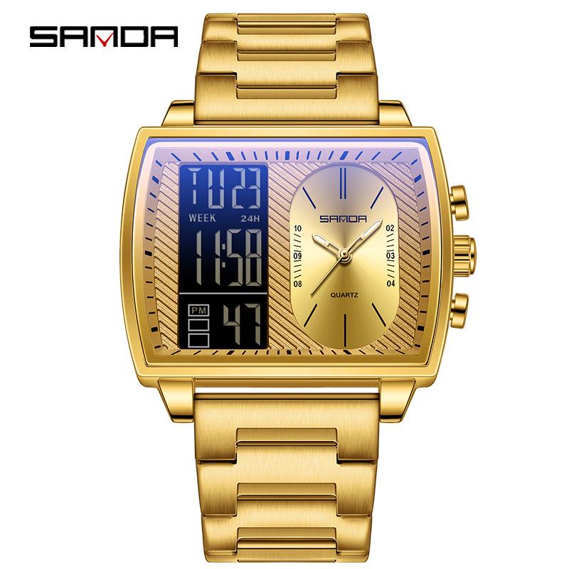 שעון ספורט רב-תכליתי עמיד למים לגברים מבית Sanda עם תצוגה כפולה מסוגננת.